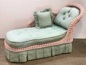 VINTAGE MID CENTURY MODERN, MIDCENTURY MODERN WICKER SKIRTED CHAISE LOUNGE, PORCH, PATIO, INTERIOR, WITH MATCHING FOOTSTOOL